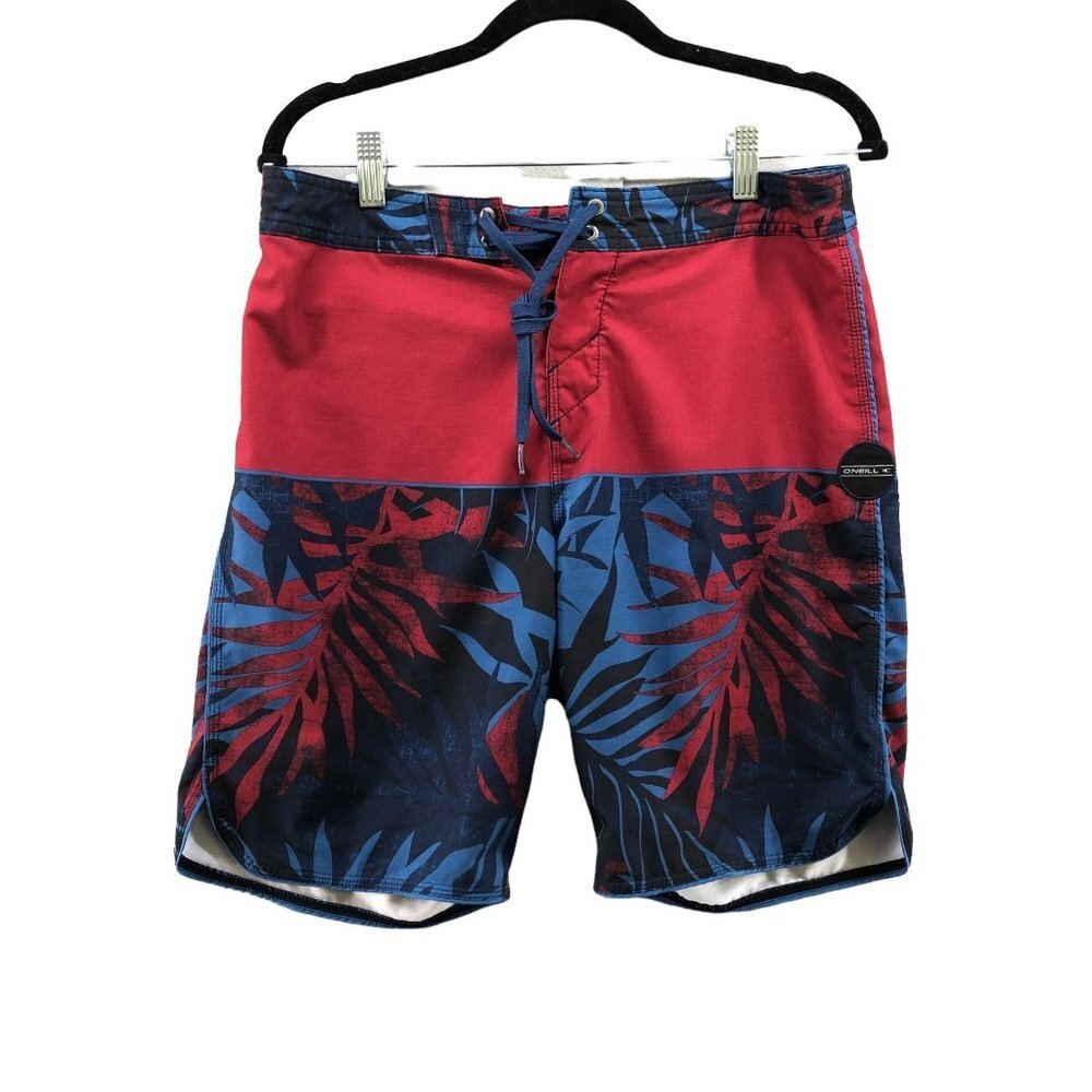O'neill Board Shorts Mens Size 30 Blue Red Palm Print 9" Inseam‎ Swim Shorts